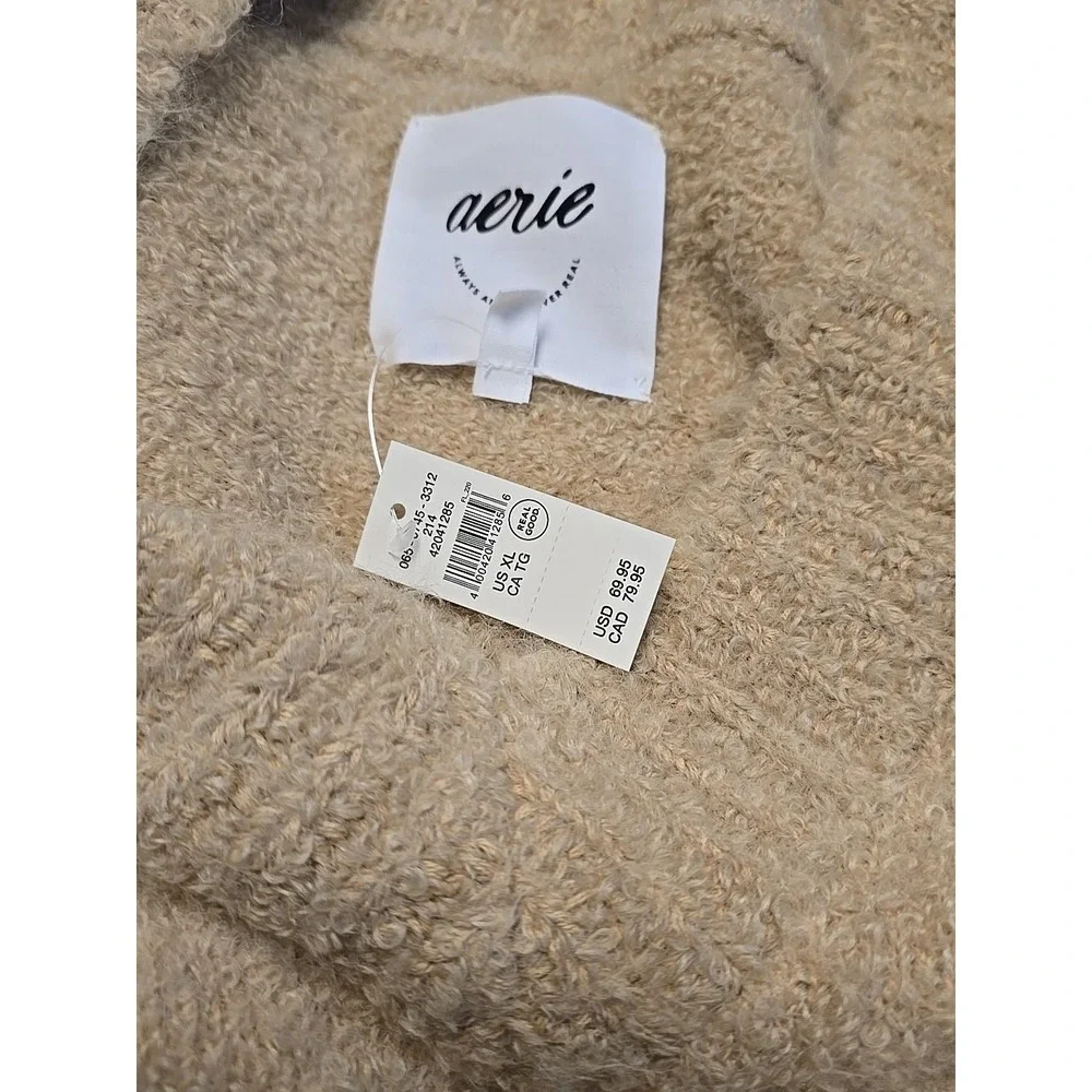 Aerie Teddy Boucle Tan V Neck Oversized Sweater Sz‎ XL NWT Cozy Warm